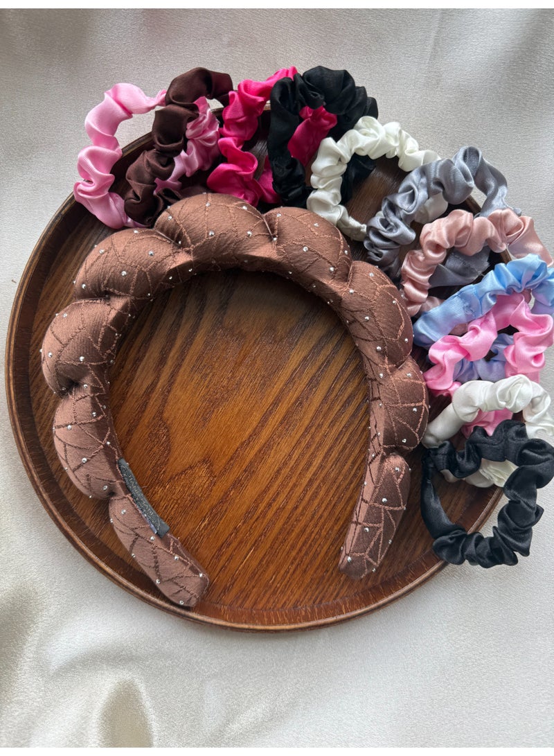 Vynara Padded Quilted Headband with 12 Small Scrunchies, 9 Colors Hair Accessories Set - Image 1